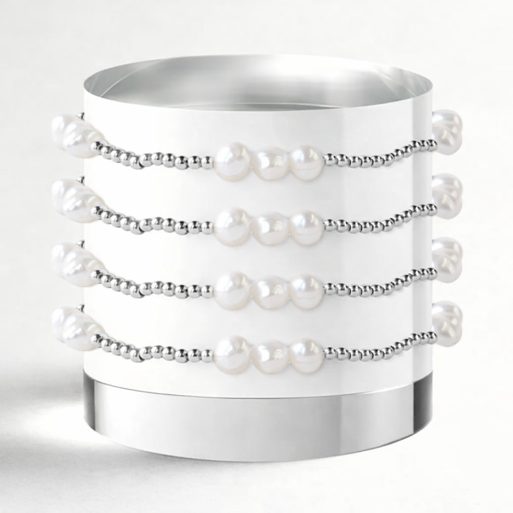 Trio Silver Plated Beaded Stretch Bracelet with Pearls