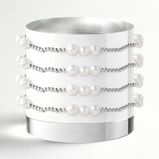 Trio Silver Plated Beaded Stretch Bracelet with Pearls