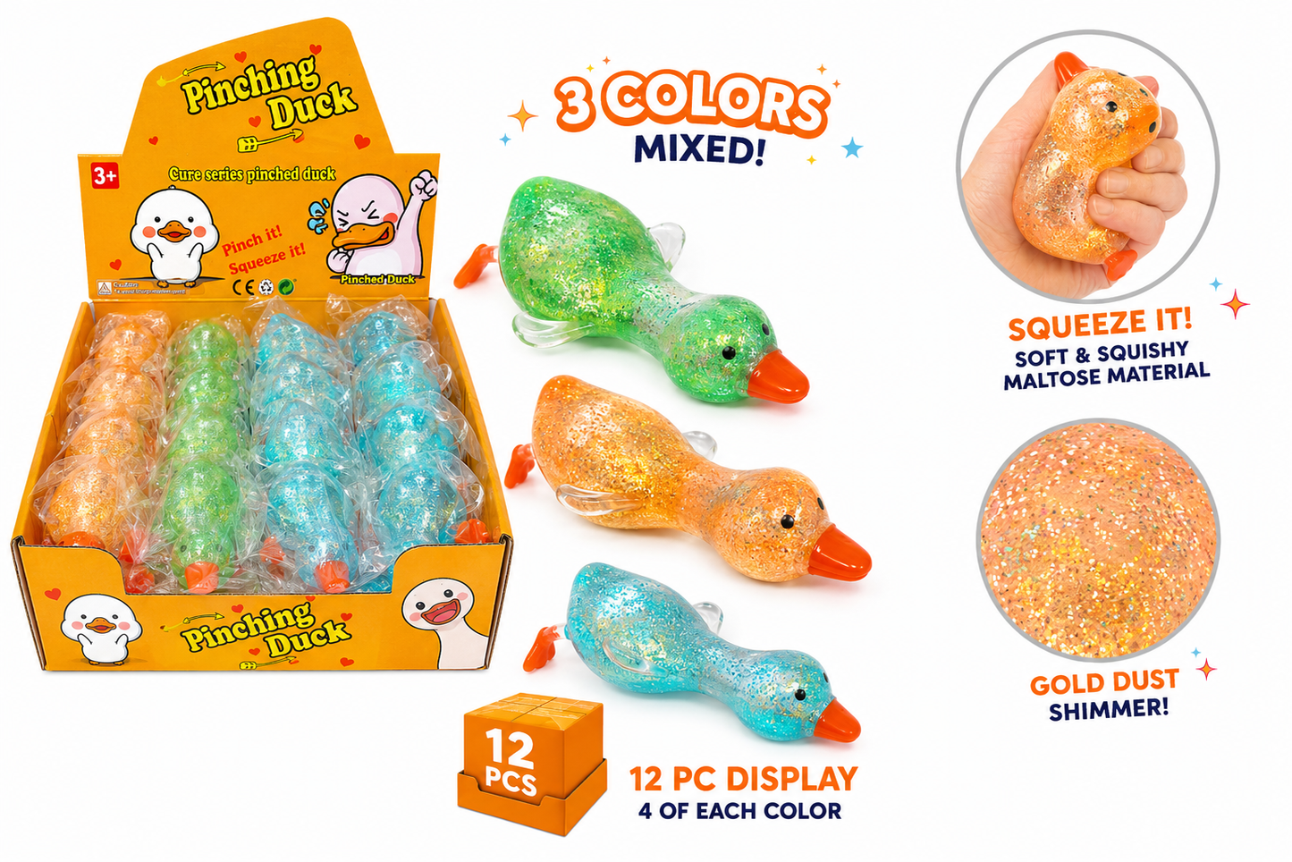 Pinching Duck Glitter Squishy Stress Toy Display MSS10