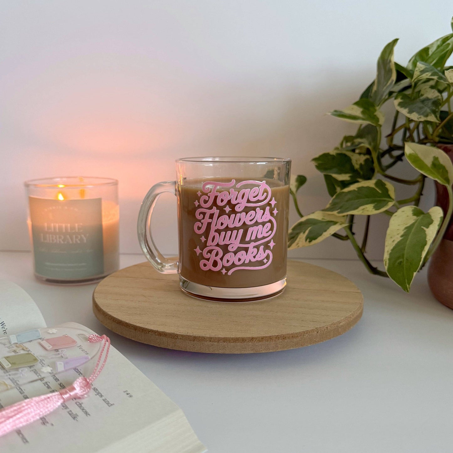Forget Flowers Buy me Books Glass Mug – Aesthetic Clear Mug for Coffee & Book Lovers
