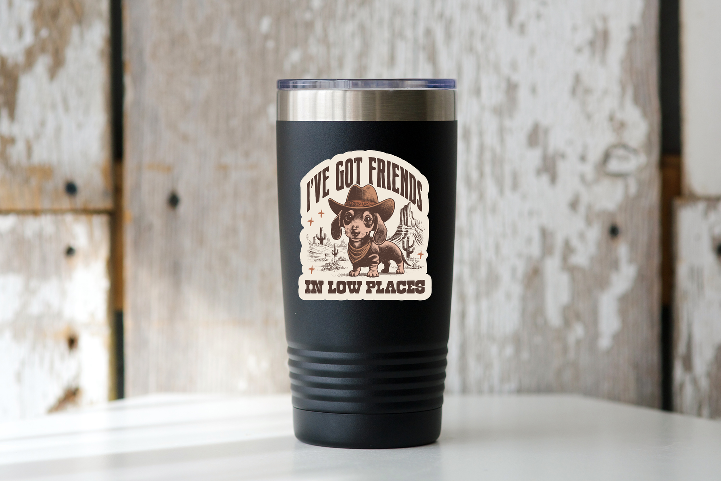 I've Got Friends In Low Places Sticker - cowboy, dachshund