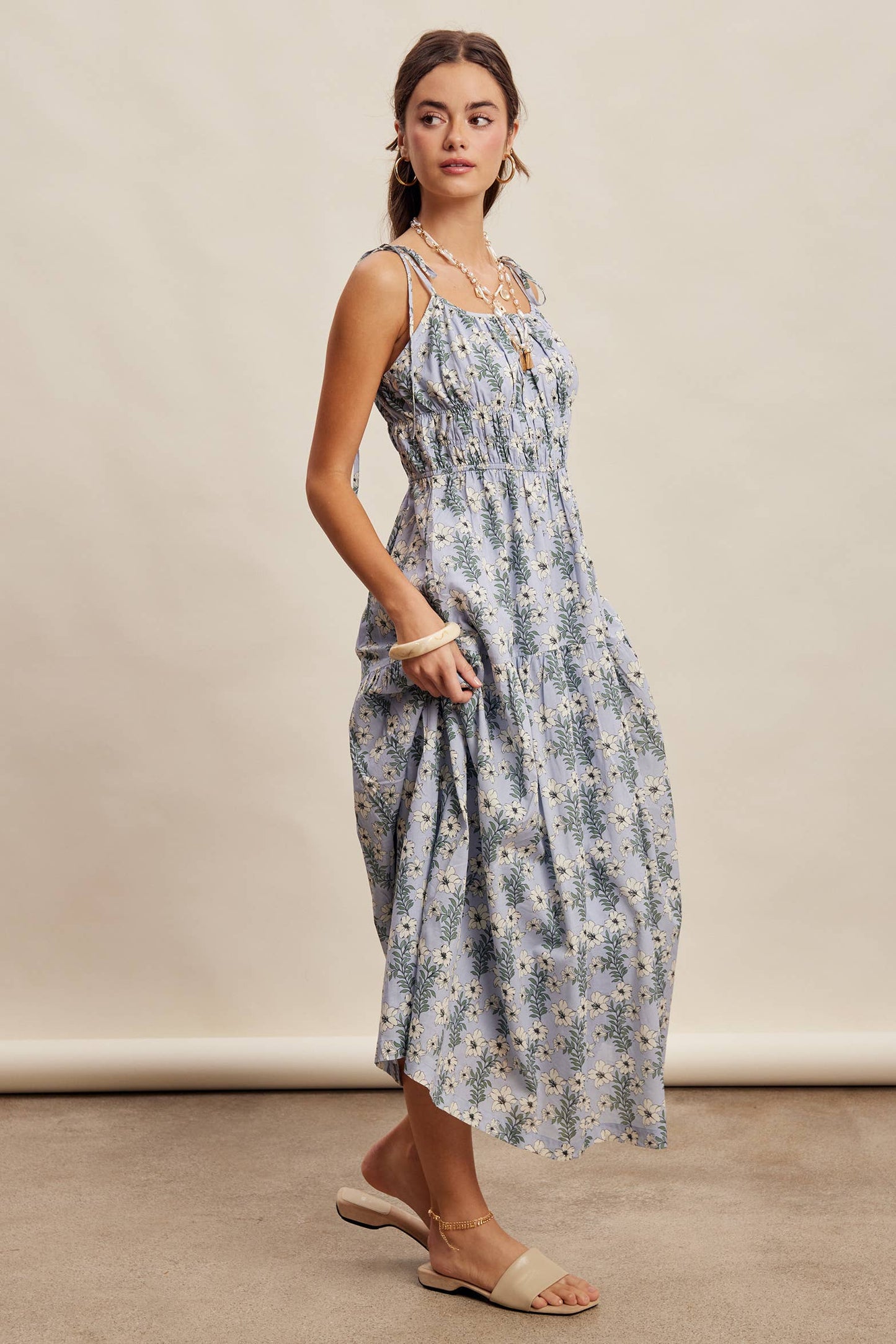 Floral Tie-Strap Smocked Maxi Dress LD1623