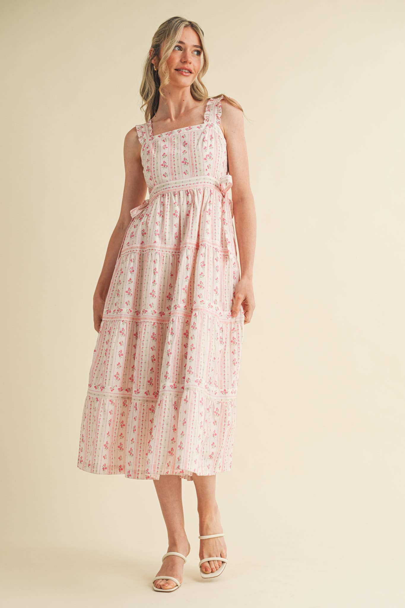 RUFFLED STRAP FLORAL MIDI DRESS WITH SIDE TYING BOWS MDR3586