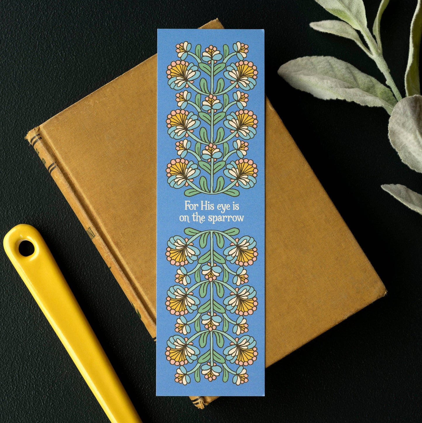 His Eye Is On The Sparrow Blue Floral Hymn Bookmark