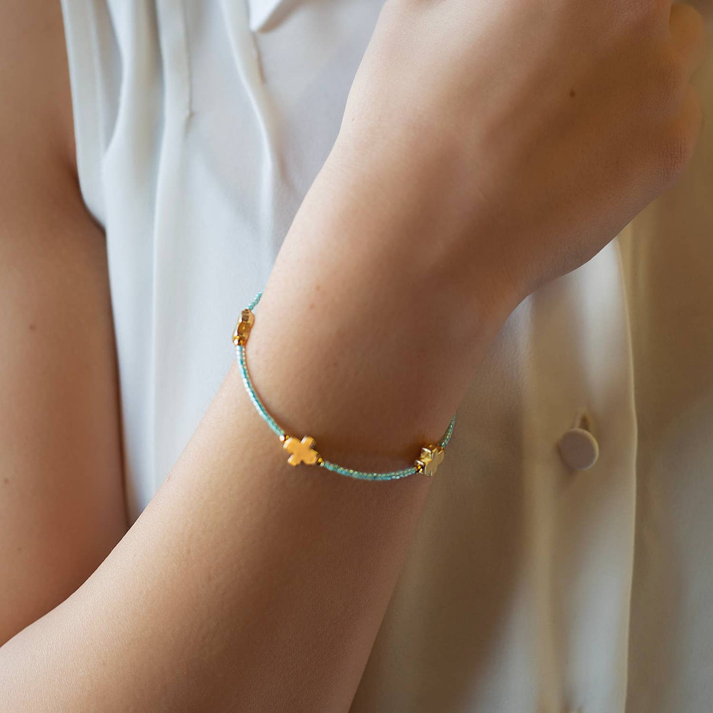 Faithful Beaded Cross Bangle w/ Matte Gold Crosses-Turquoise
