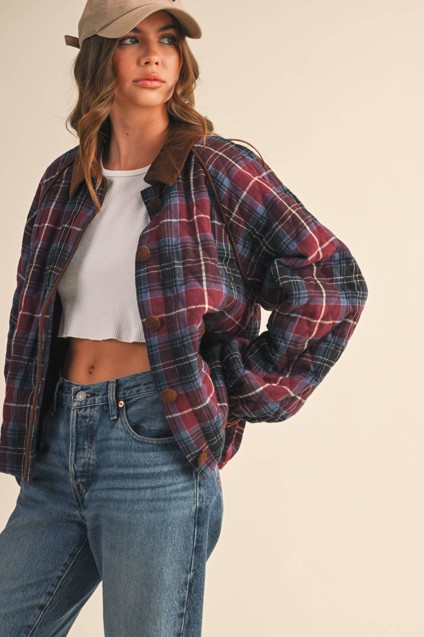 PLAID QUILTED JACKET WITH CONTRAST CORDUROY DETAIL MJK4115