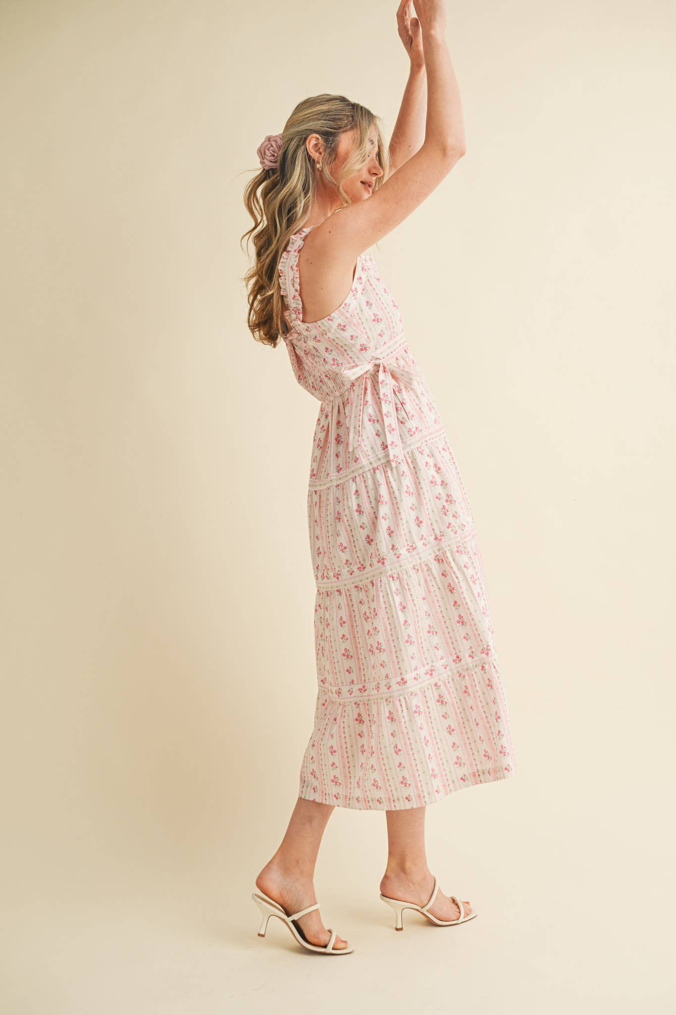 RUFFLED STRAP FLORAL MIDI DRESS WITH SIDE TYING BOWS MDR3586