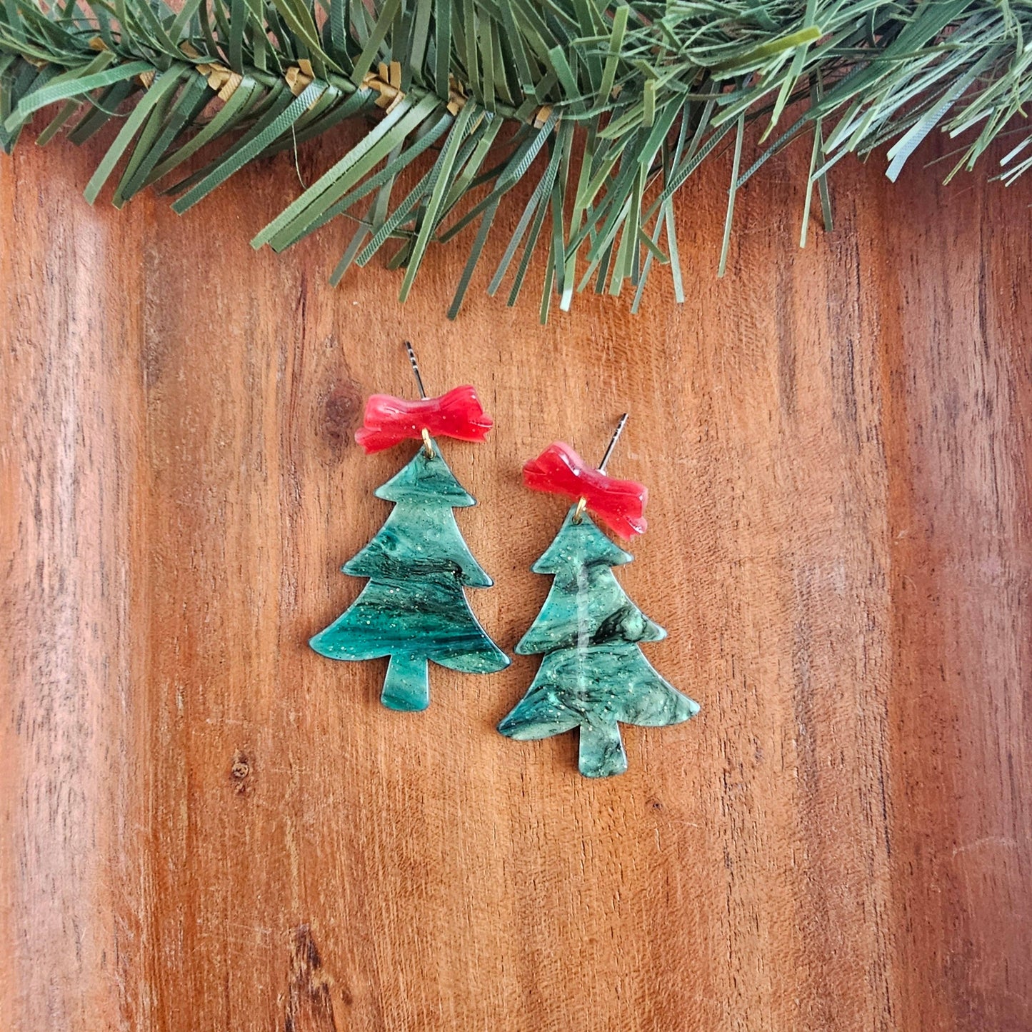 Bow Christmas Tree Earrings - Green Shimmer // Holiday, Jewelry