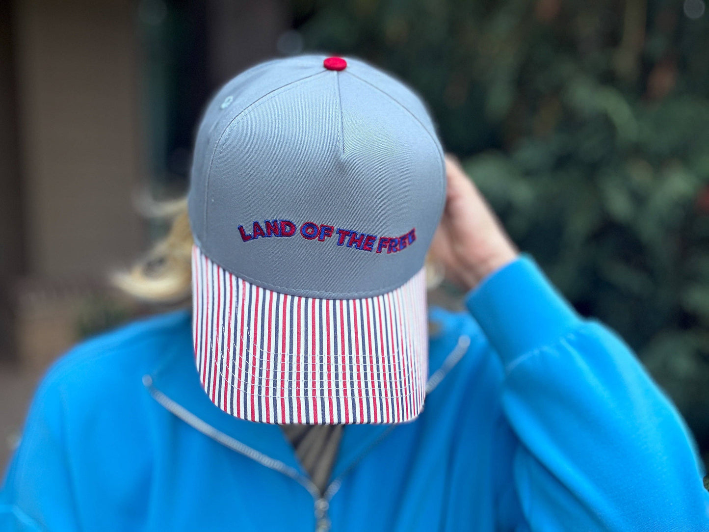 Embroidered Baseball Cap - "Land of the Free" - Blue + Red