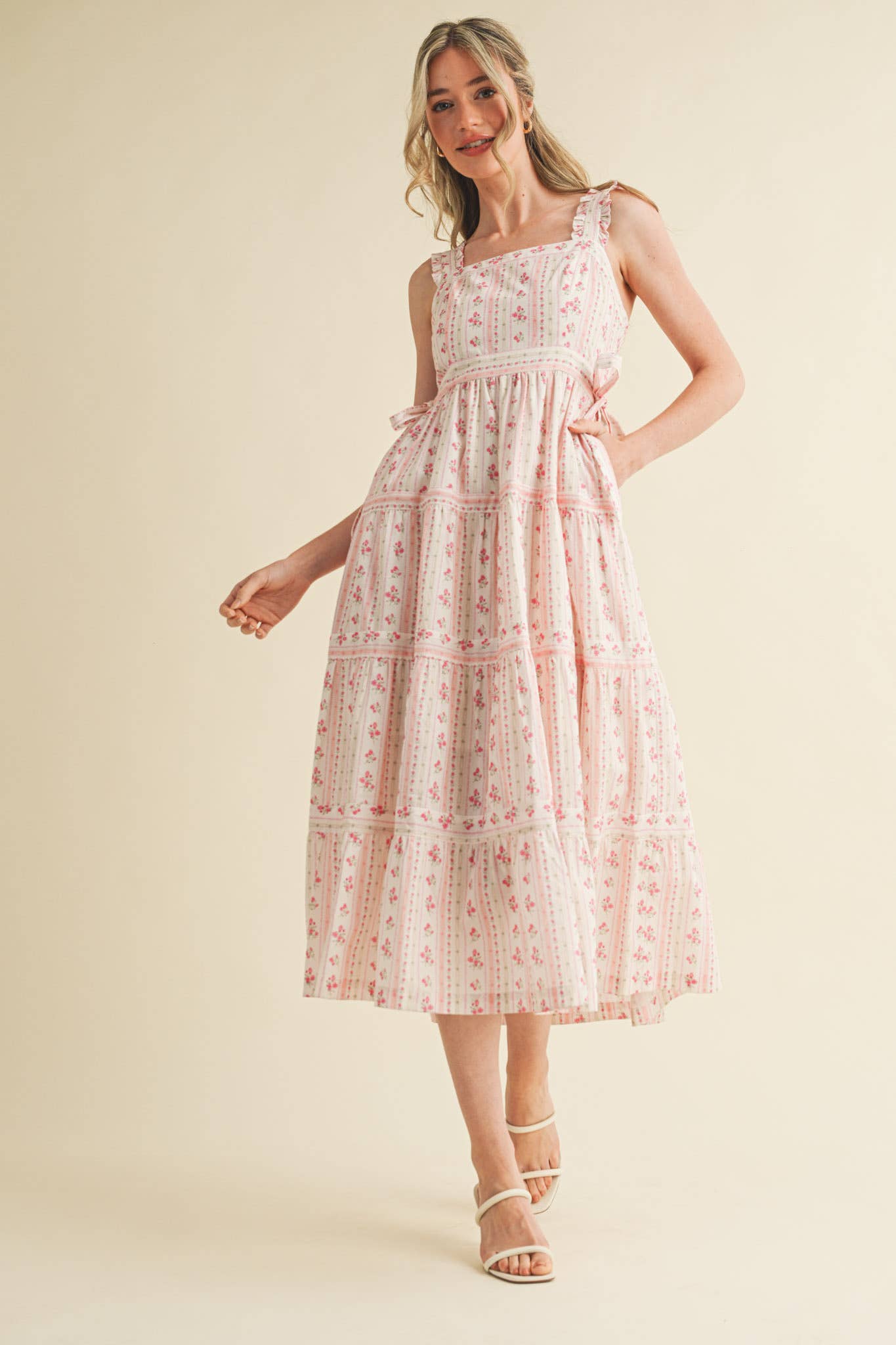 RUFFLED STRAP FLORAL MIDI DRESS WITH SIDE TYING BOWS MDR3586