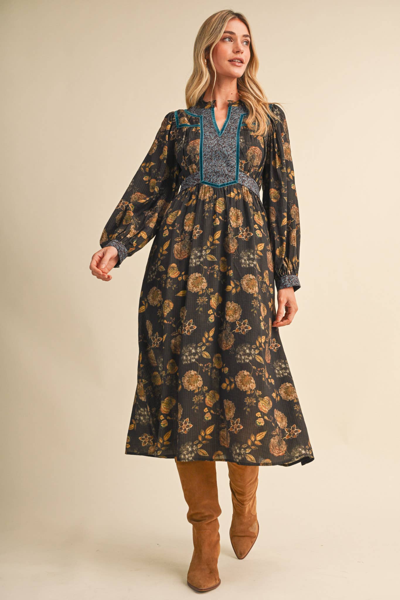 FLORAL PRINT CONTRAST VELVET TRIM MIDI DRESS MDR5304