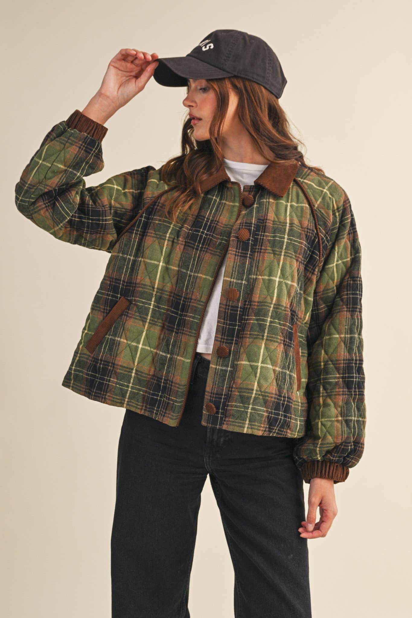 PLAID QUILTED JACKET WITH CONTRAST CORDUROY DETAIL MJK4115