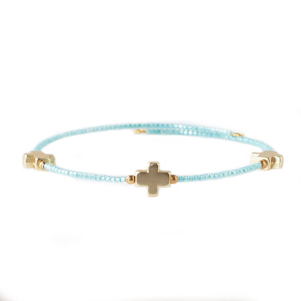 Faithful Beaded Cross Bangle w/ Matte Gold Crosses-Turquoise