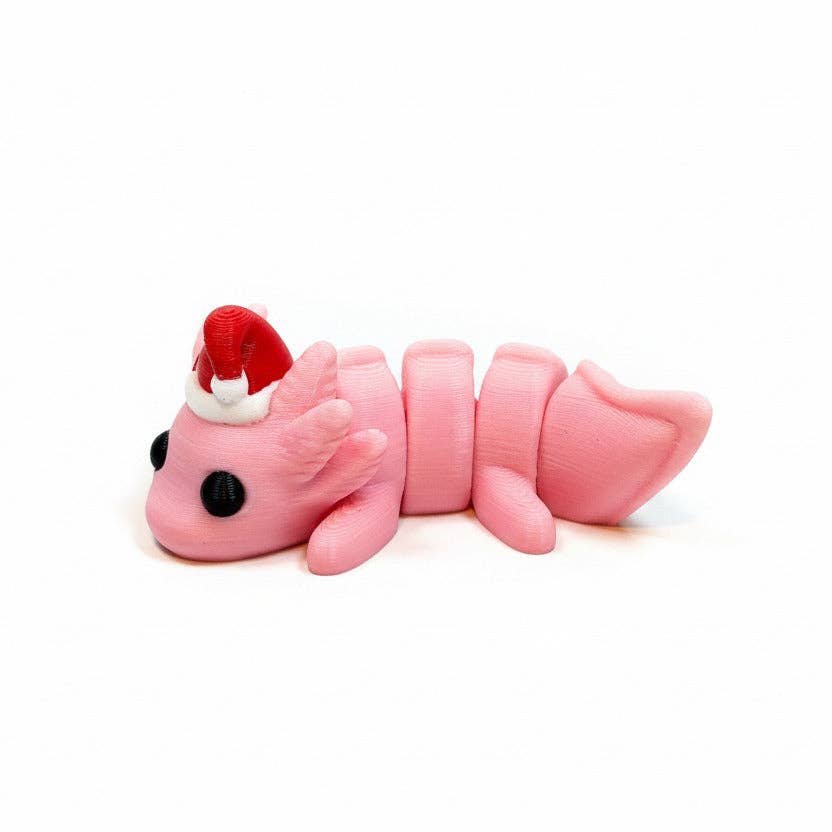 Santa Hat Axolotl (Pink) • Mini 3D Printed Articulated Animal • Flexi Animals • Christmas • Pocket Pets • Pocket Pals • Desk Pets [#6]