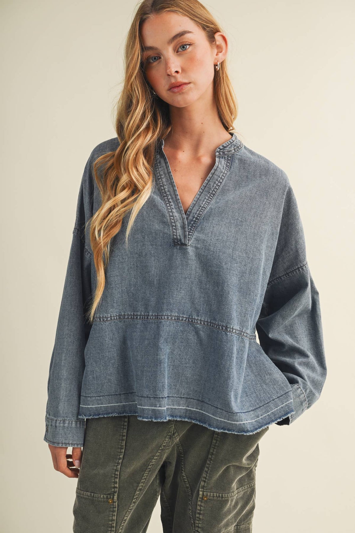 Split-Neck Frayed Edge Denim Blouse