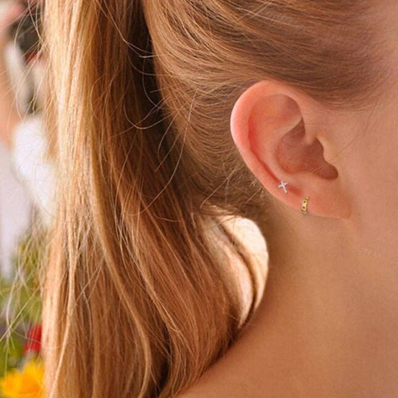 Dainty Gold Cross Tiny Stud Earrings in 925 Sterling Silver