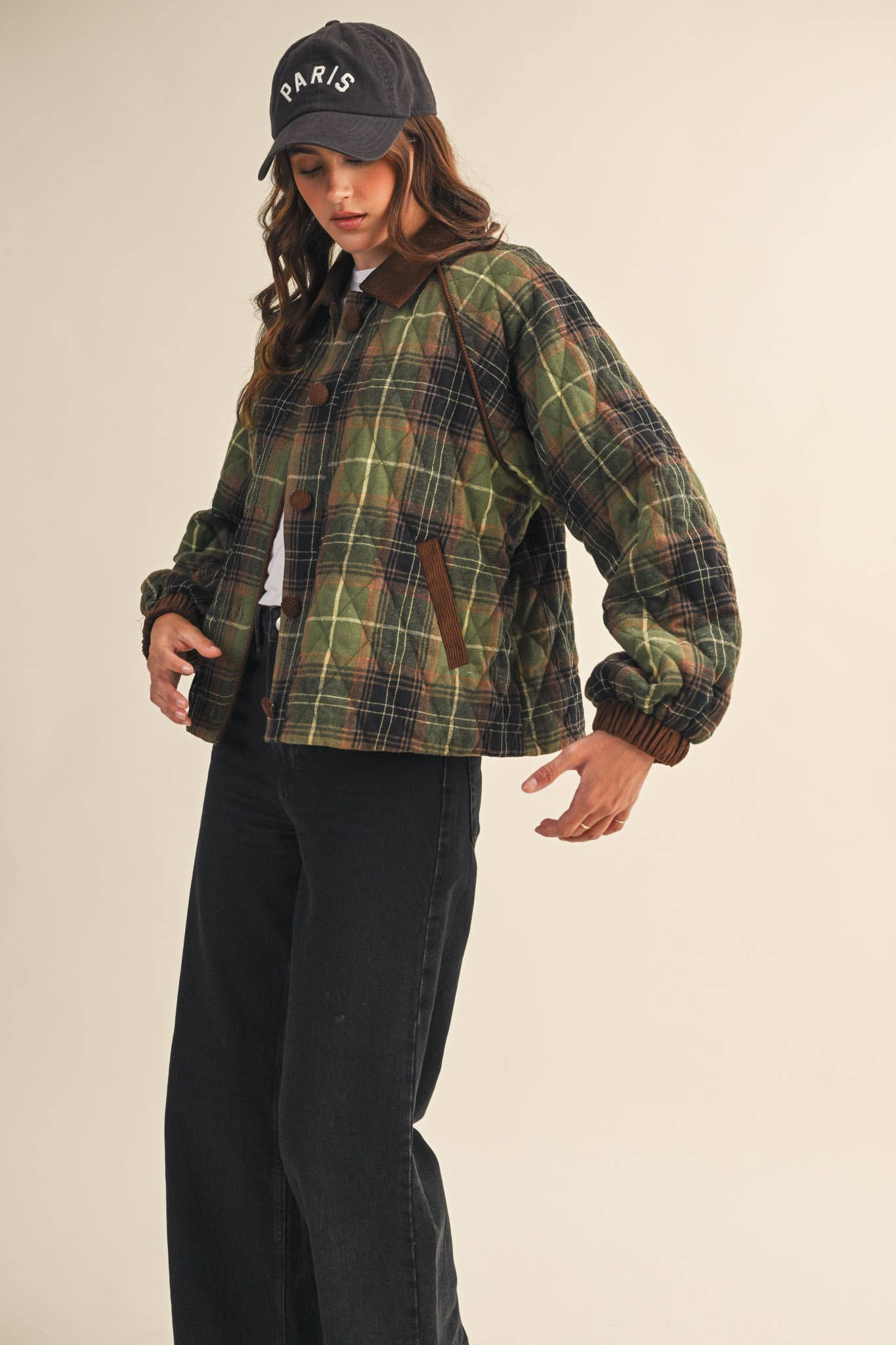 PLAID QUILTED JACKET WITH CONTRAST CORDUROY DETAIL MJK4115