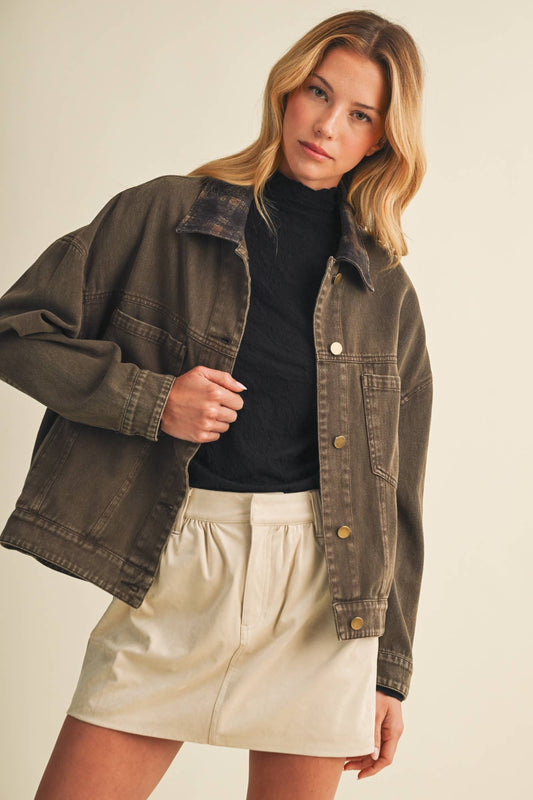 Plaid Collar Vintage Washed Jacket
