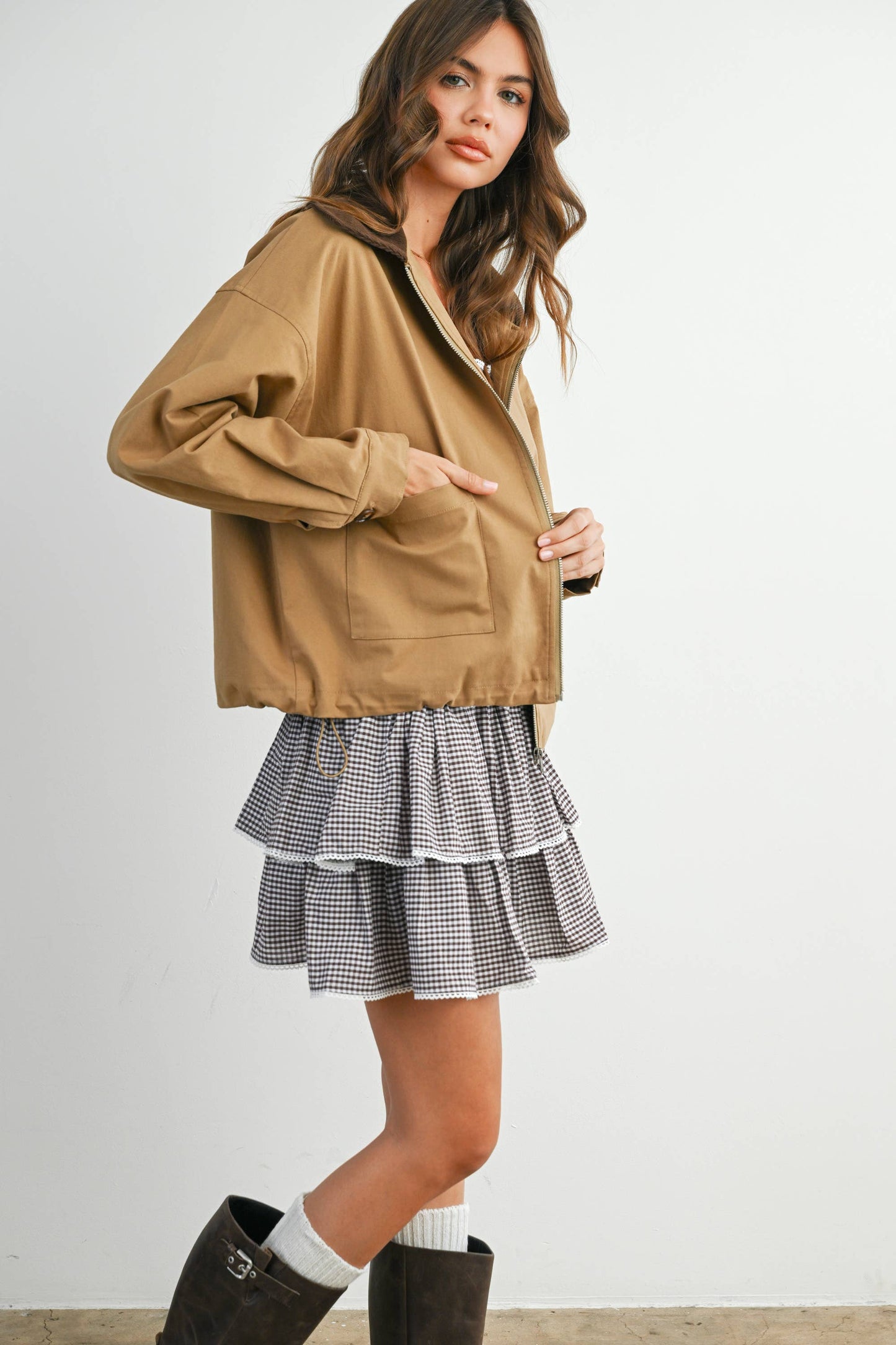 Collared Zip-Up Drawstring Jacket