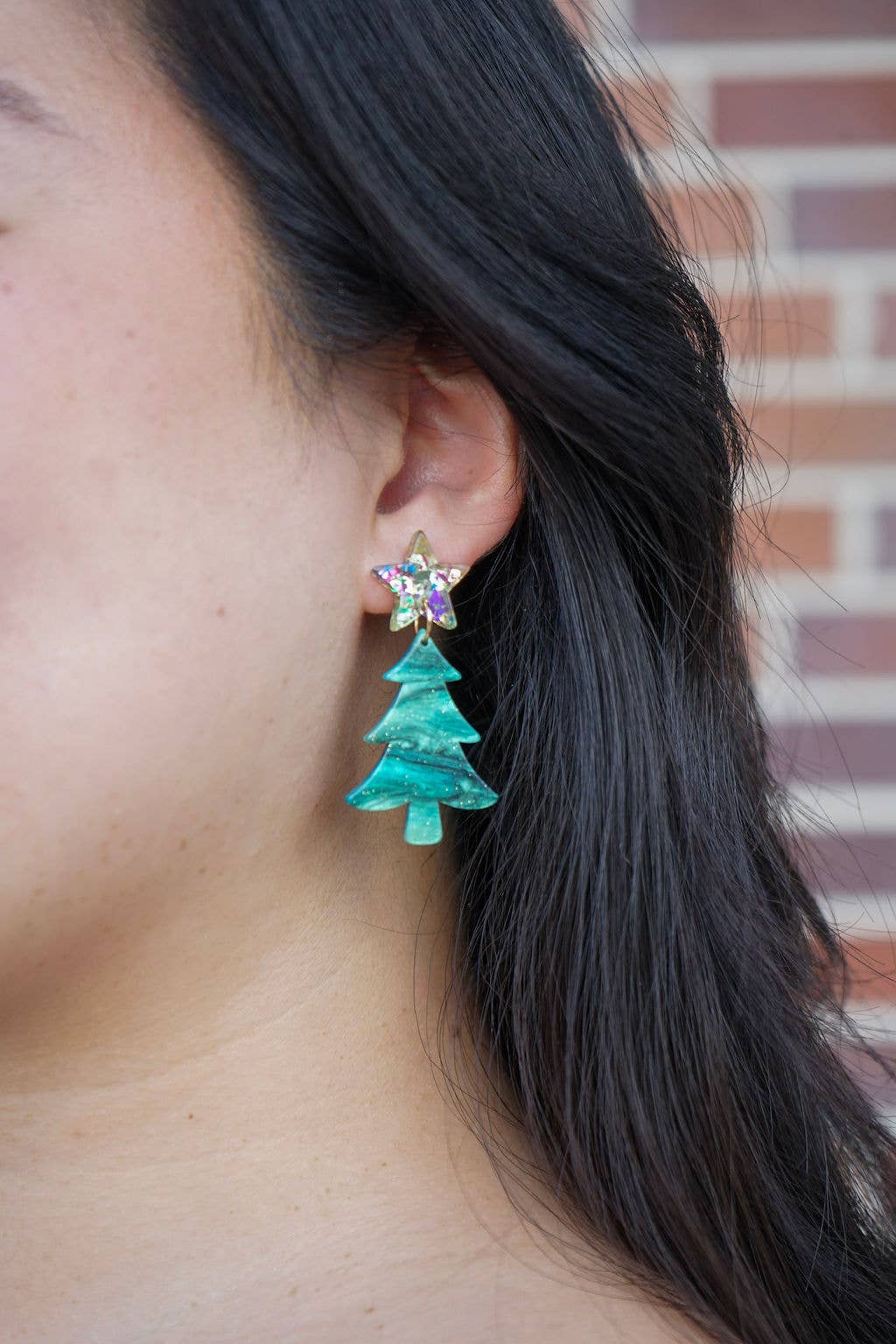 Star Christmas Tree Earrings - Green Shimmer // Holiday, Jewelry