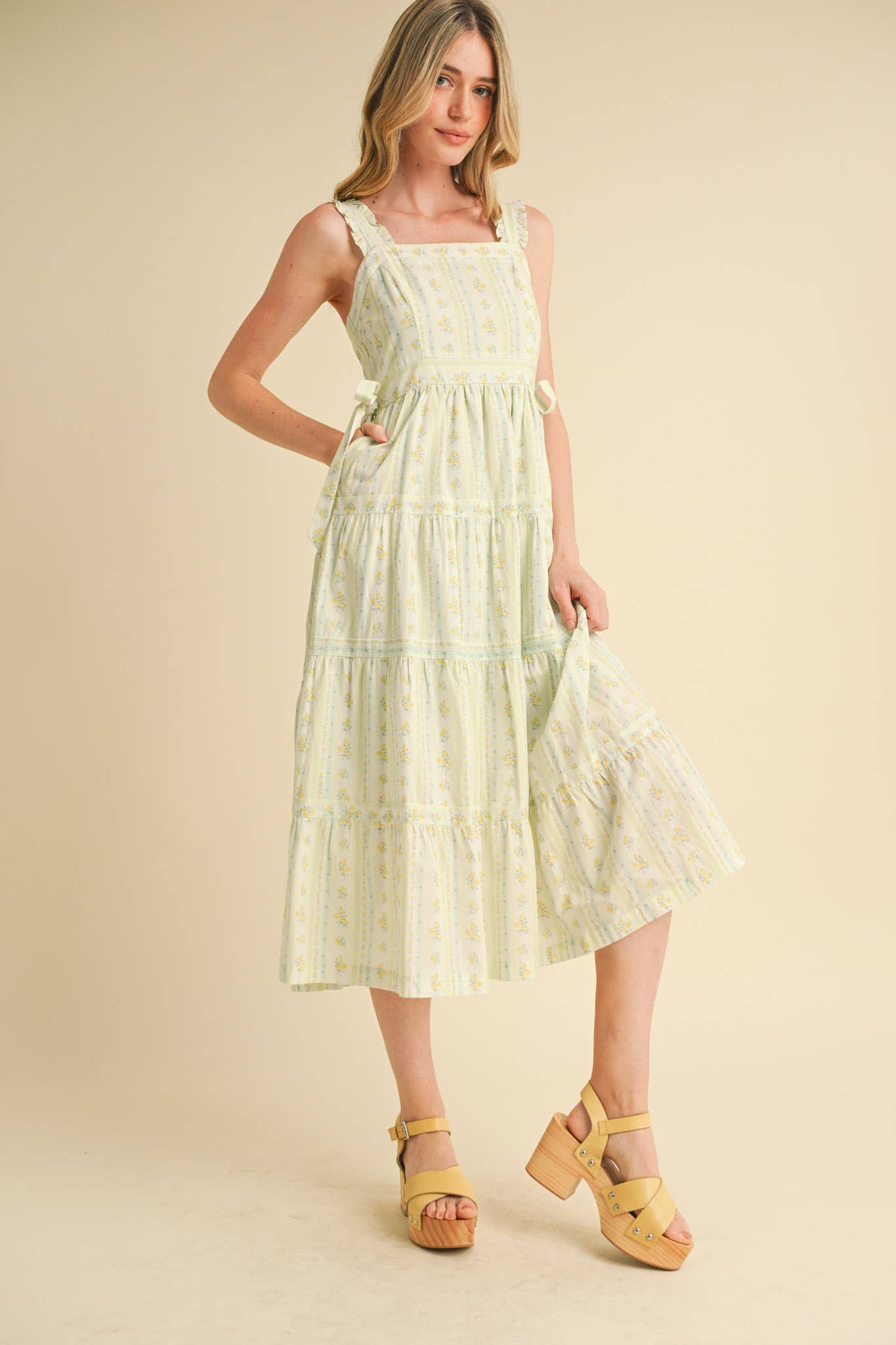 RUFFLED STRAP FLORAL MIDI DRESS WITH SIDE TYING BOWS MDR3586