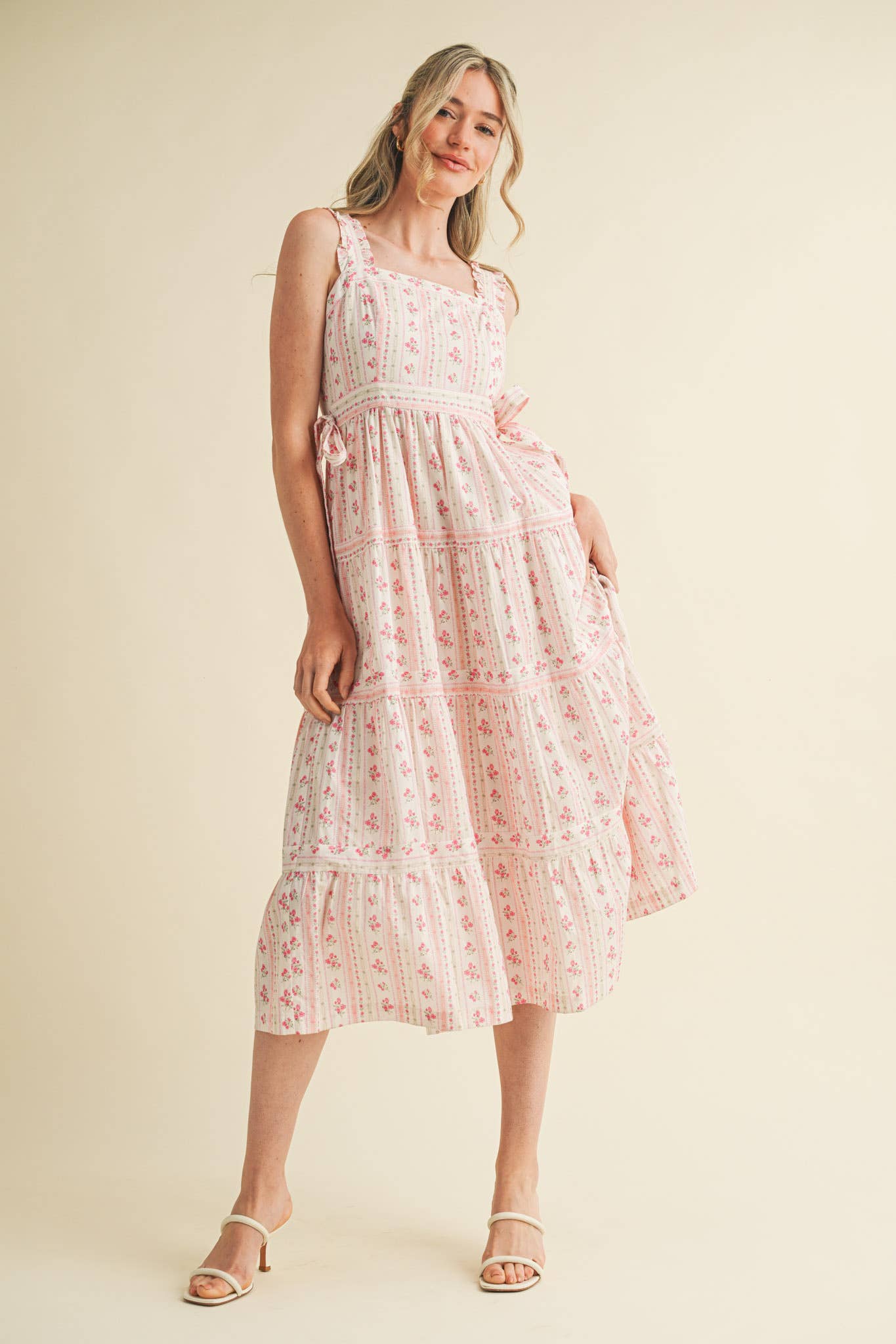 RUFFLED STRAP FLORAL MIDI DRESS WITH SIDE TYING BOWS MDR3586