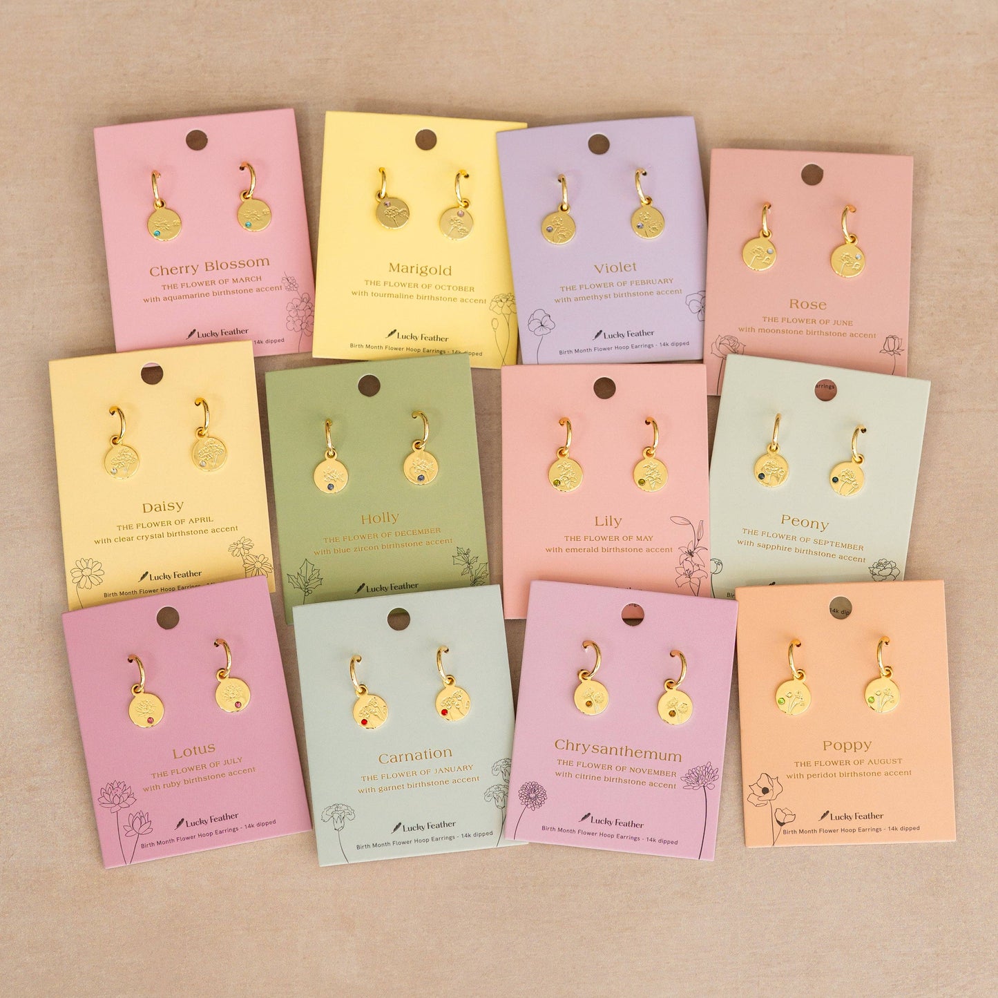 Birth Month Flower Earrings Bundle - Includes 4 each style (48 pc) + Display