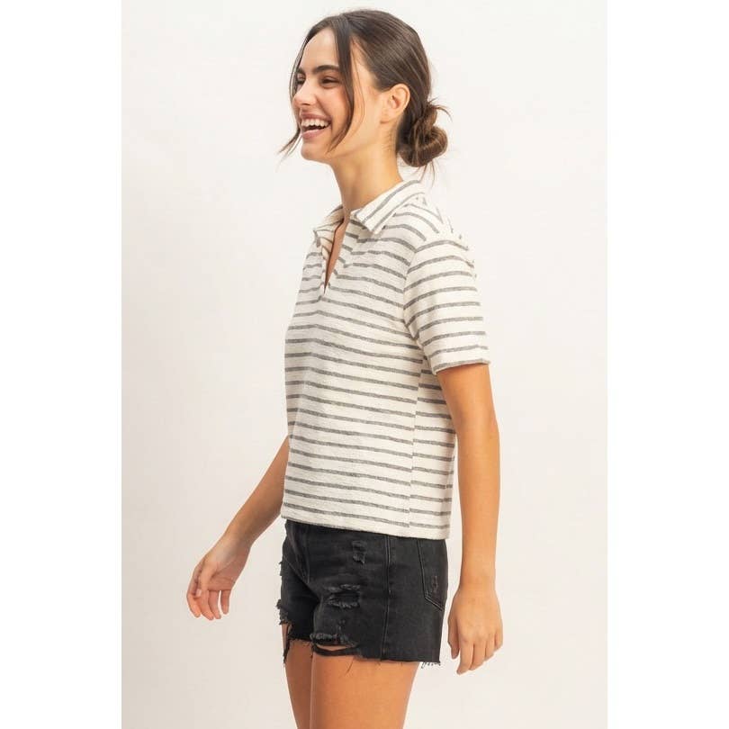 Striped Polo Neck Short Sleeve Top