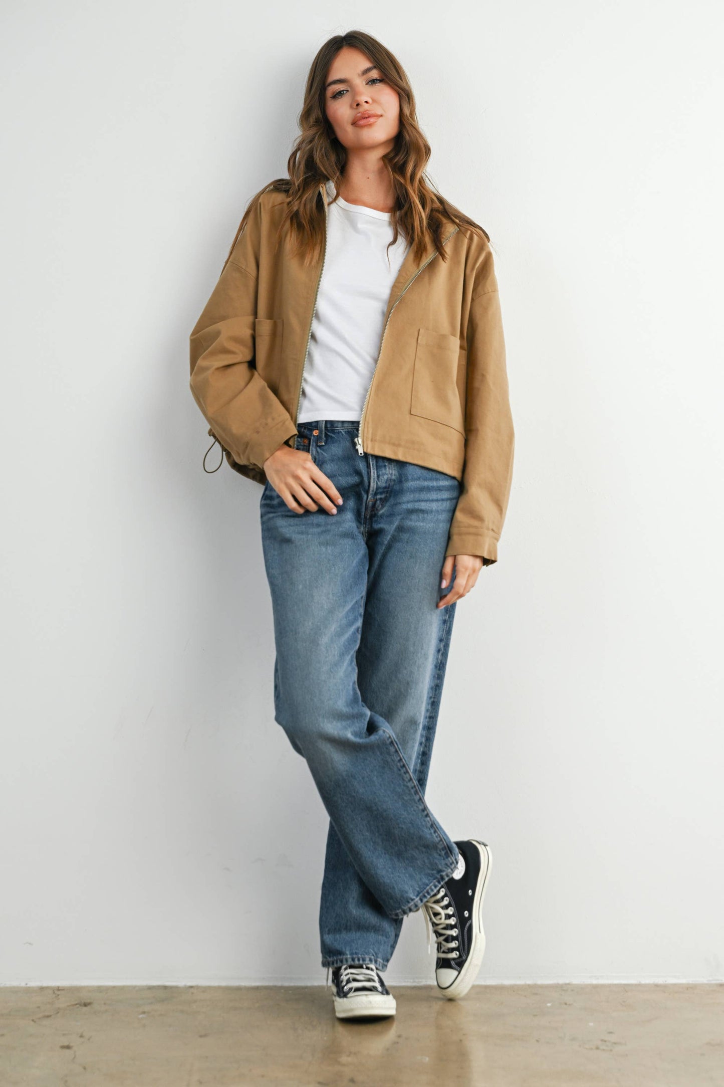 Collared Zip-Up Drawstring Jacket