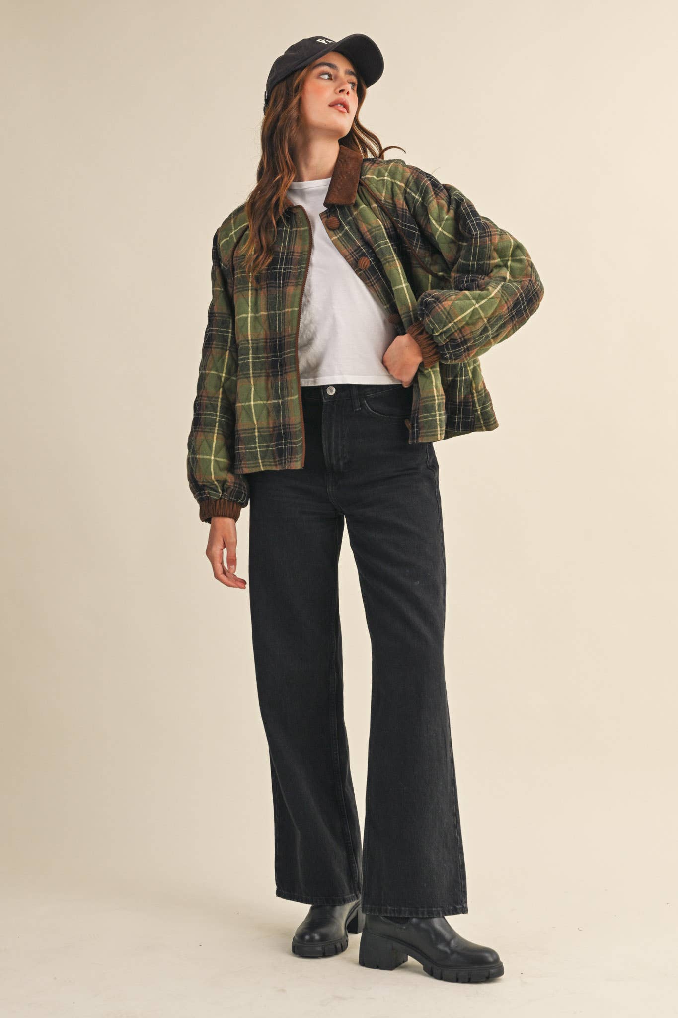 PLAID QUILTED JACKET WITH CONTRAST CORDUROY DETAIL MJK4115
