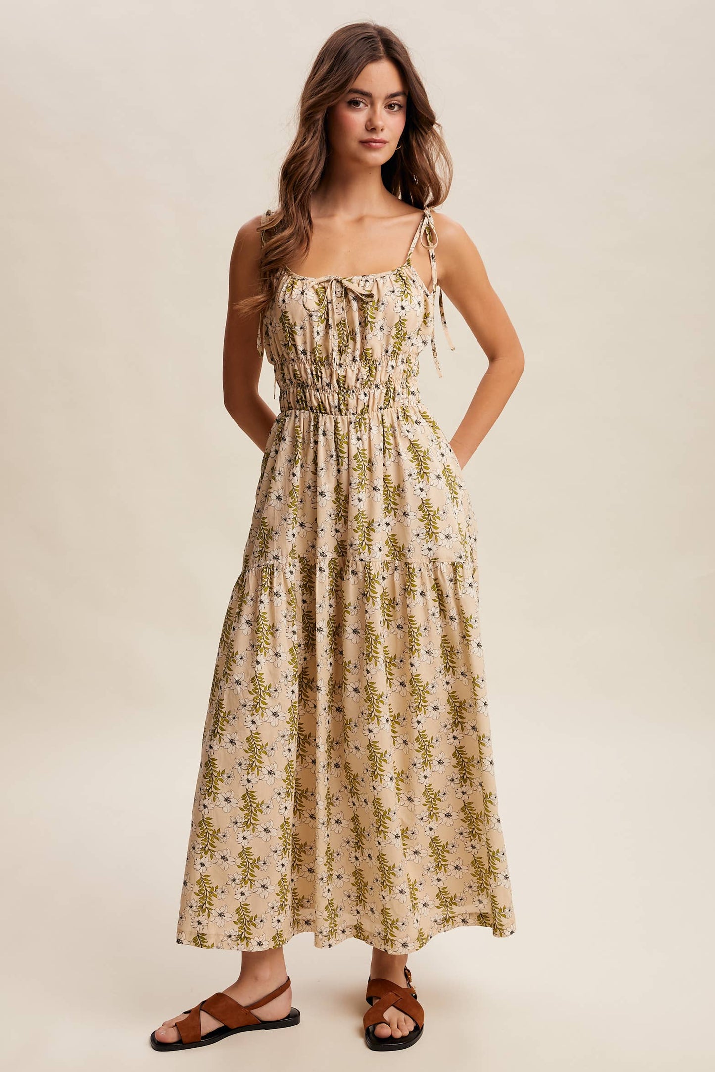 Floral Tie-Strap Smocked Maxi Dress LD1623