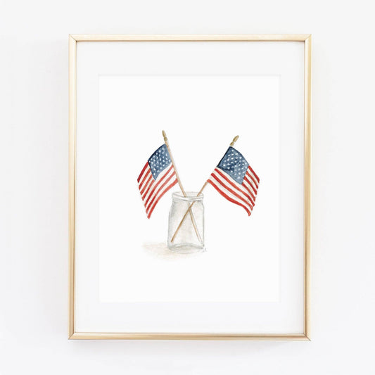 Flags in mason jar watercolor wall art print