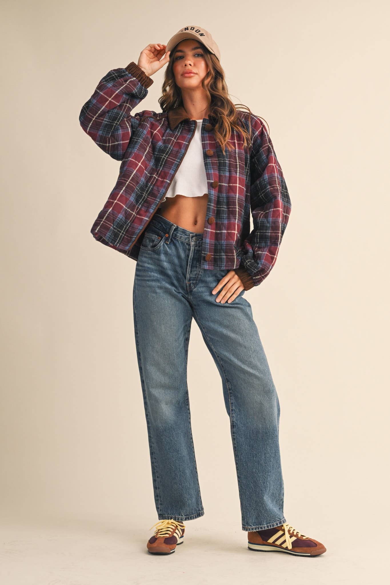 PLAID QUILTED JACKET WITH CONTRAST CORDUROY DETAIL MJK4115