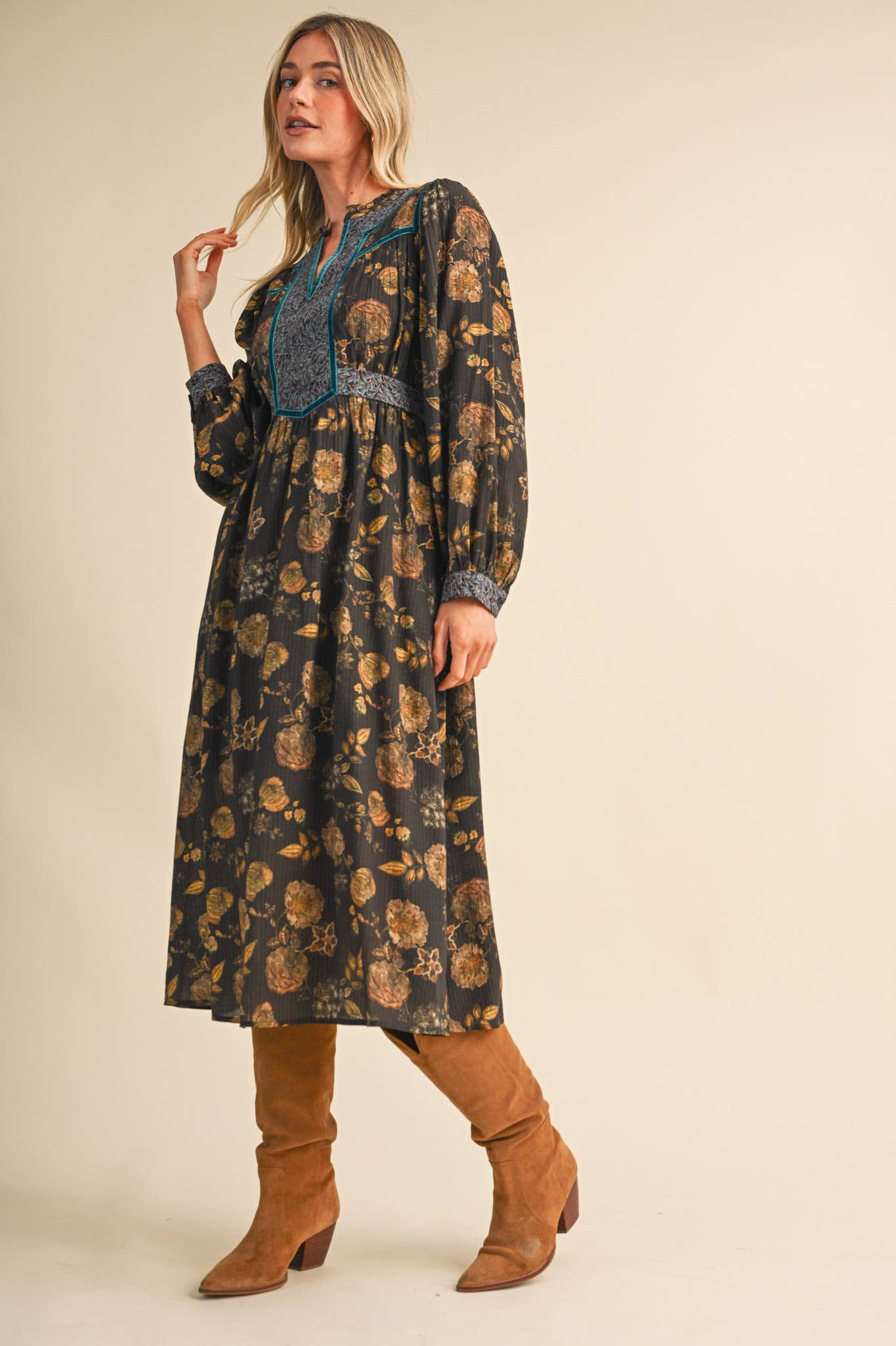 FLORAL PRINT CONTRAST VELVET TRIM MIDI DRESS MDR5304