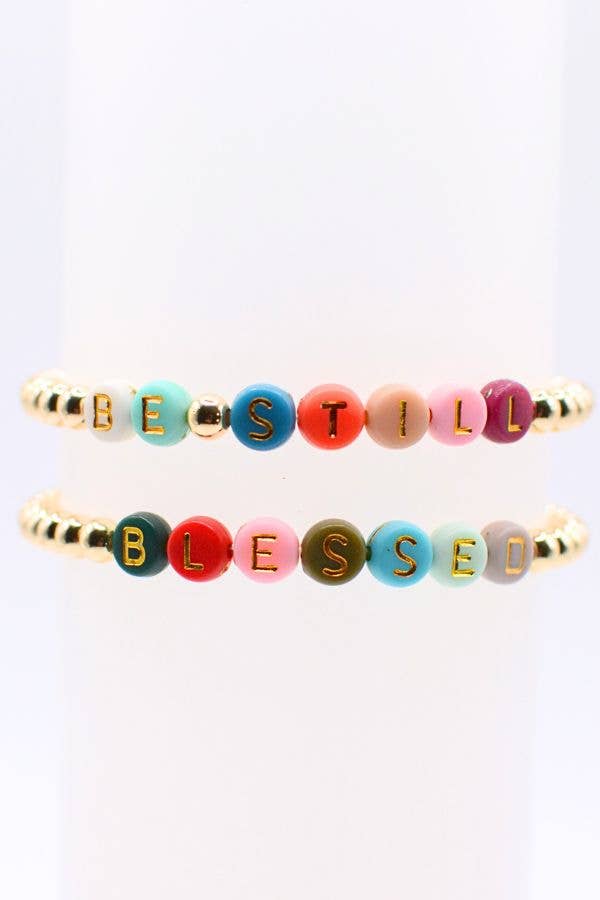 Gold Bead Word Bracelets – Blessed & Be Still, Faith jewelry