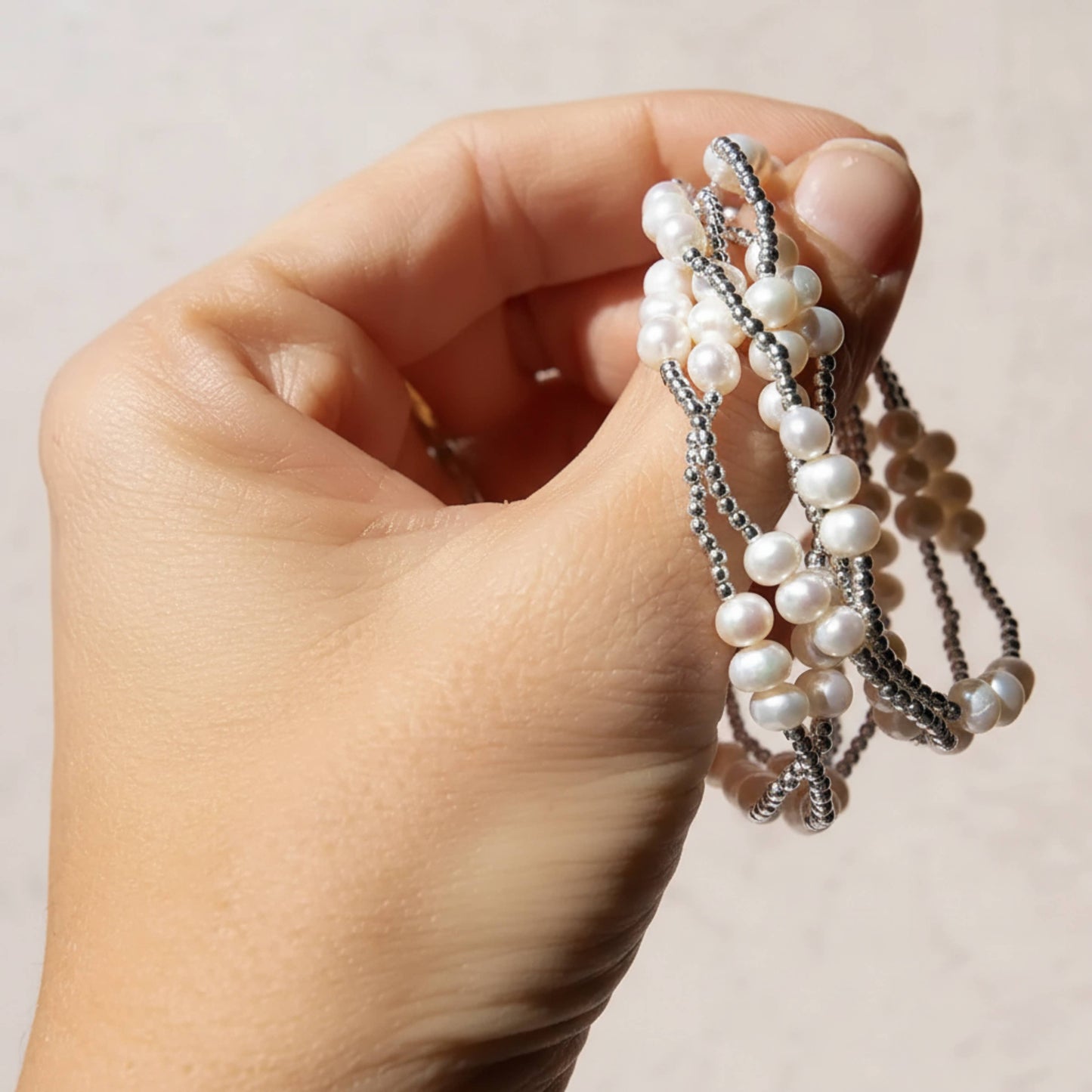 Trio Silver Plated Beaded Stretch Bracelet with Pearls