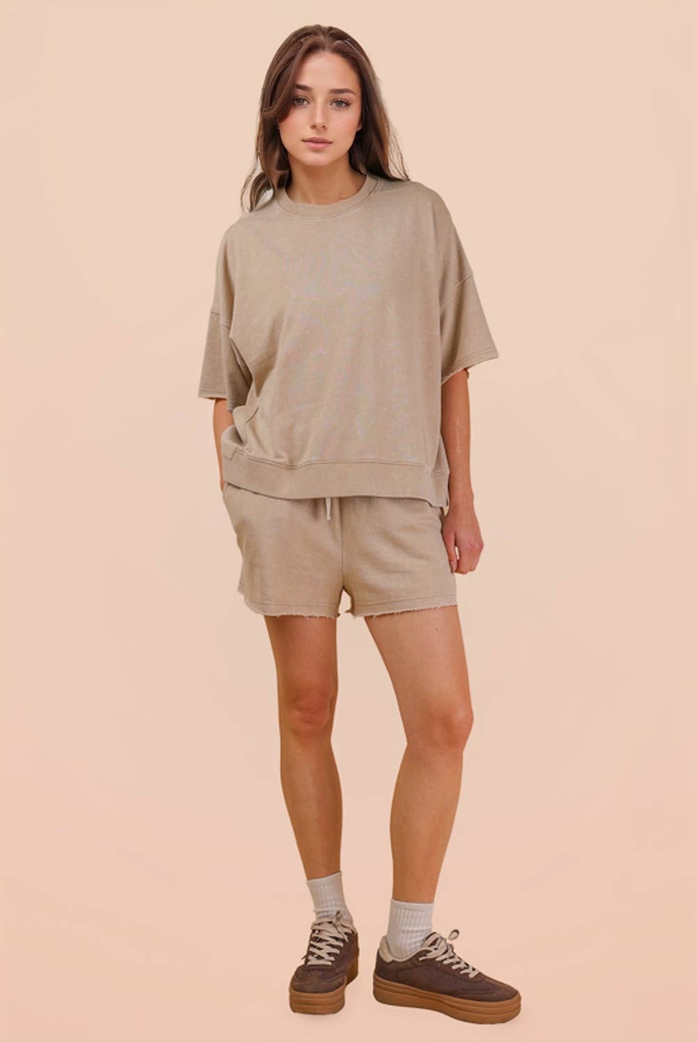 Mineral Washed Knit Casual Top & Shorts