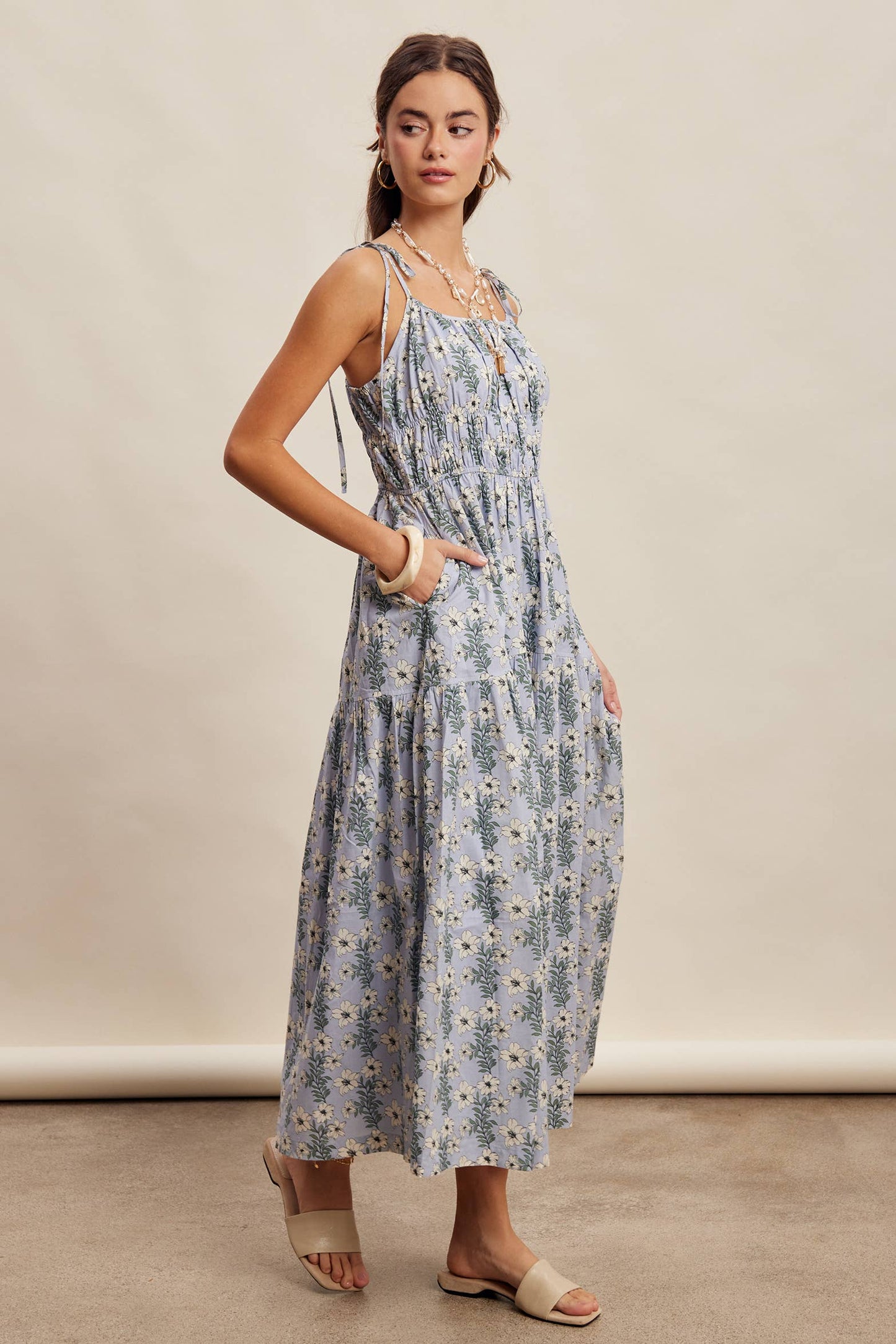 Floral Tie-Strap Smocked Maxi Dress LD1623