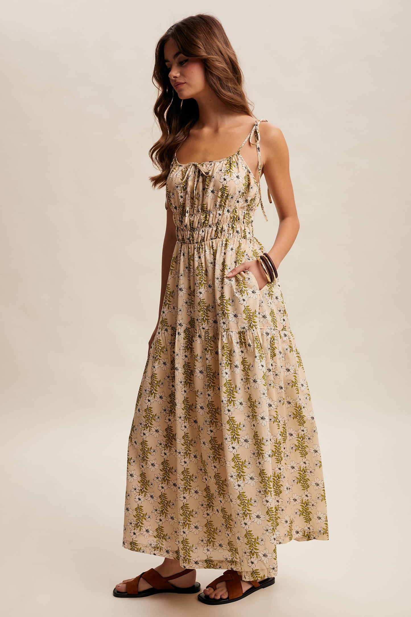 Floral Tie-Strap Smocked Maxi Dress LD1623