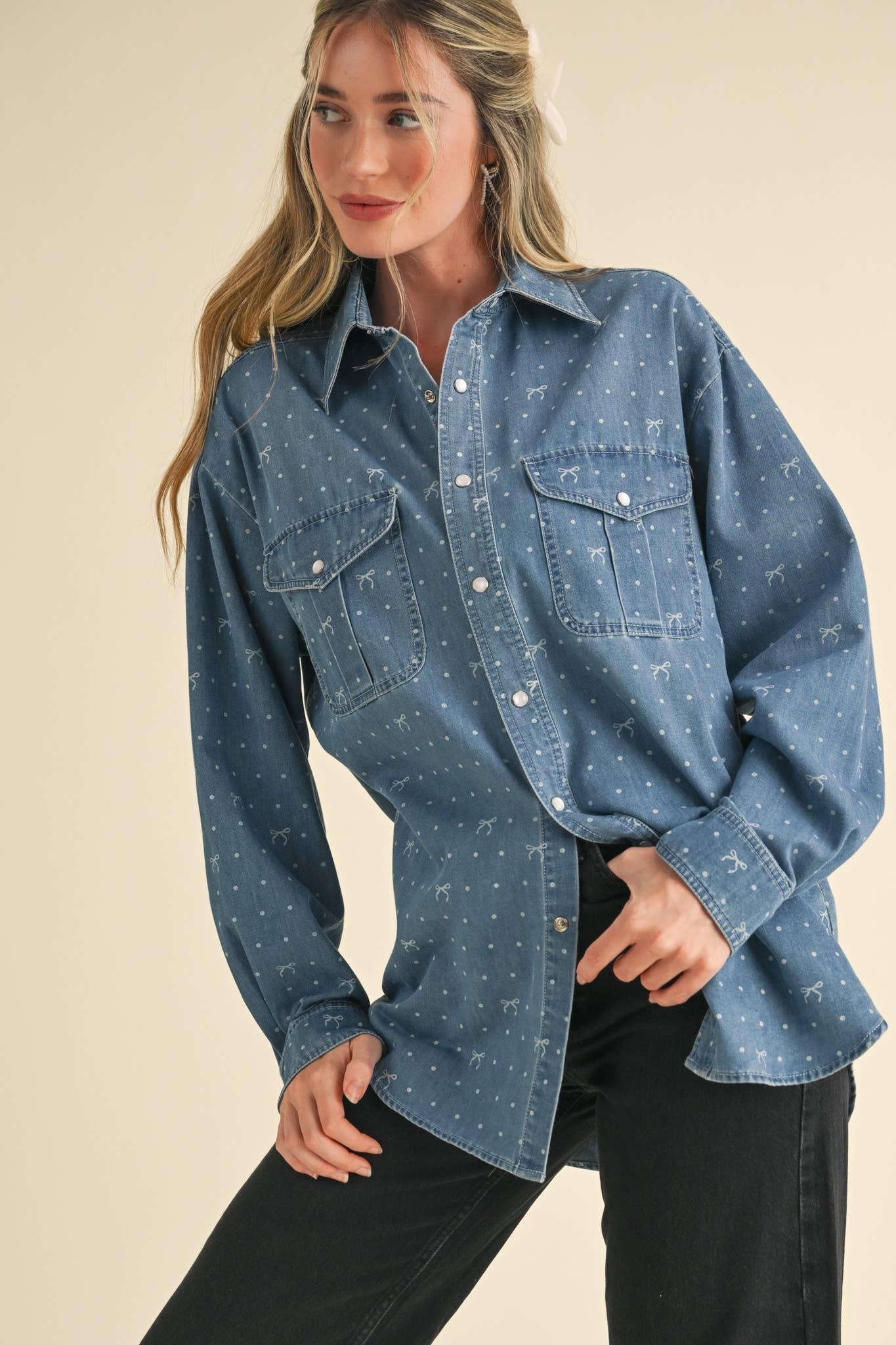 BOW PRINT OVERSIZED DENIM BUTTON DOWN TOP MTP3458