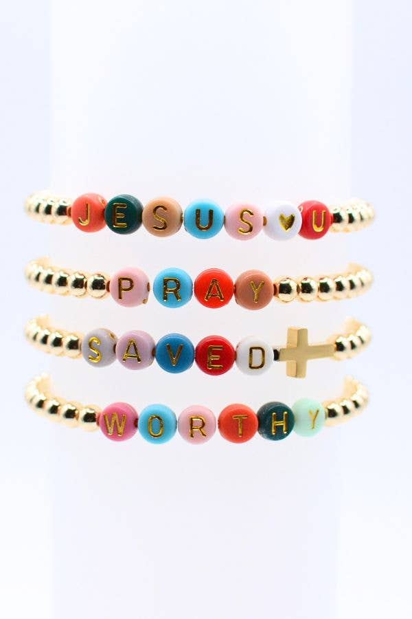 Gold Faith Bracelets – Jesus Loves U, Pray, Saved, Worthy