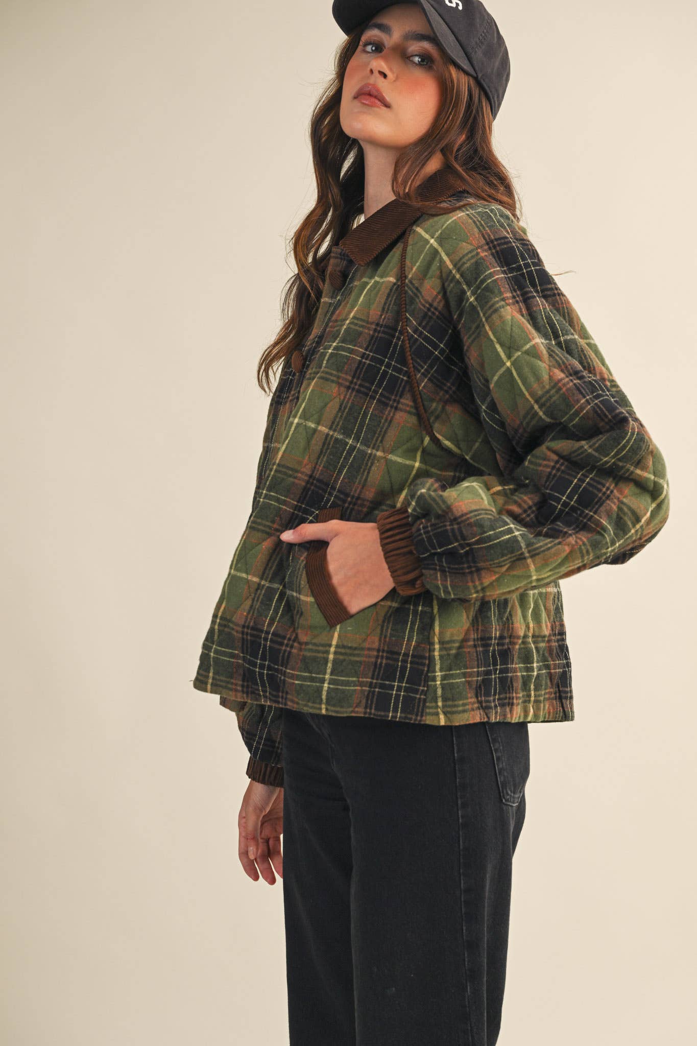 PLAID QUILTED JACKET WITH CONTRAST CORDUROY DETAIL MJK4115