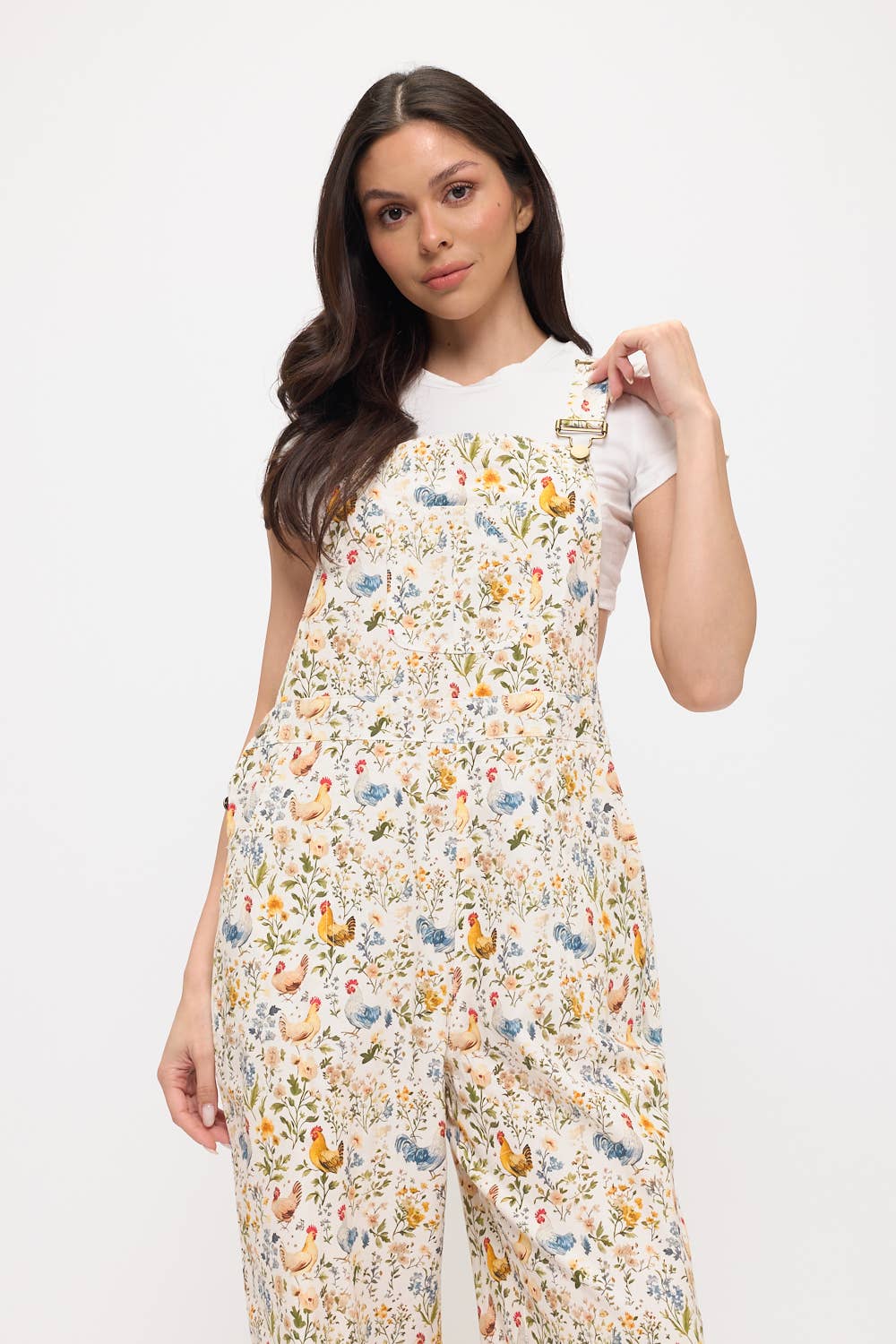 ROOSTER AND FLORAL PRINT OVERALLS