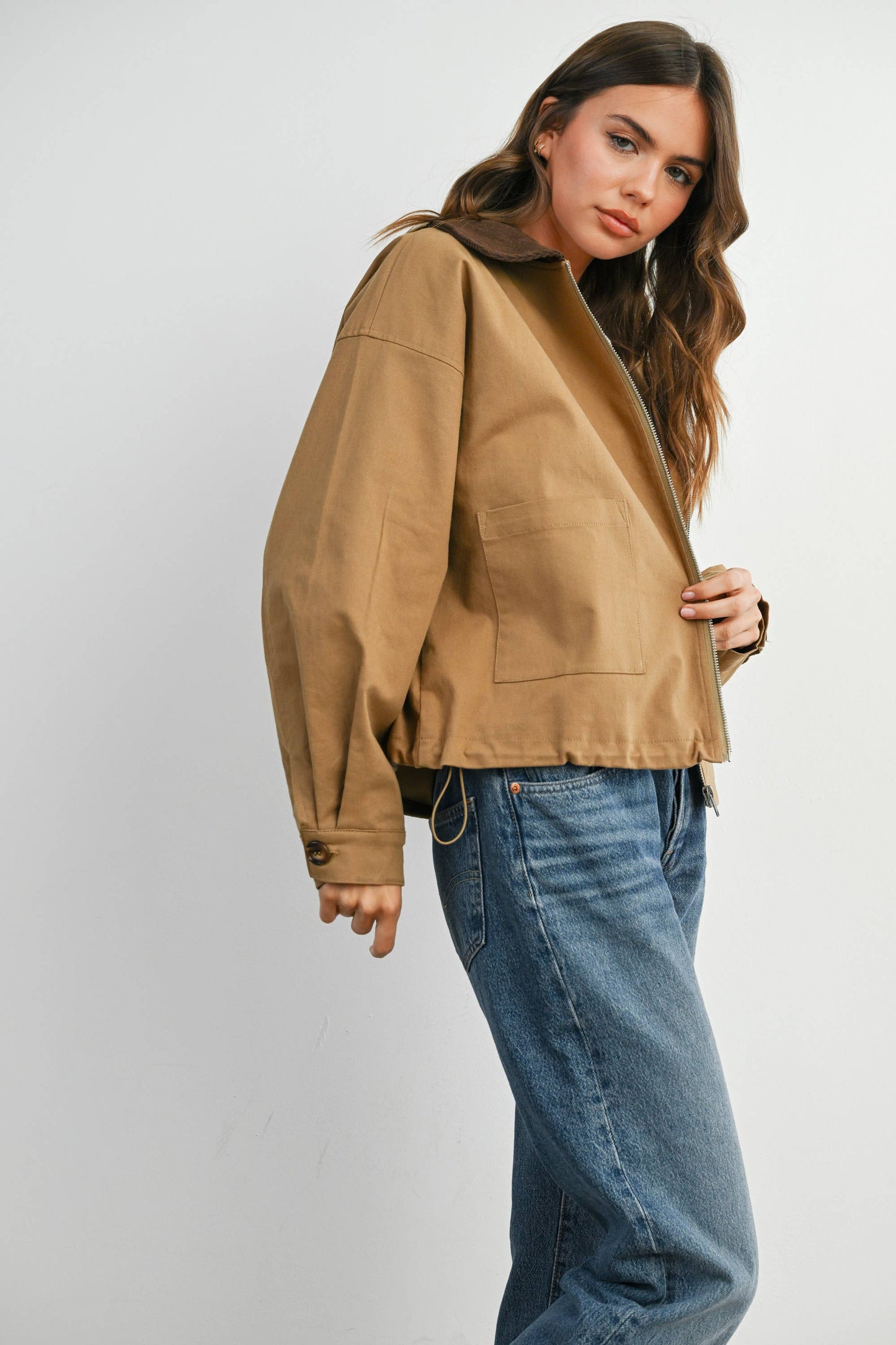 Collared Zip-Up Drawstring Jacket