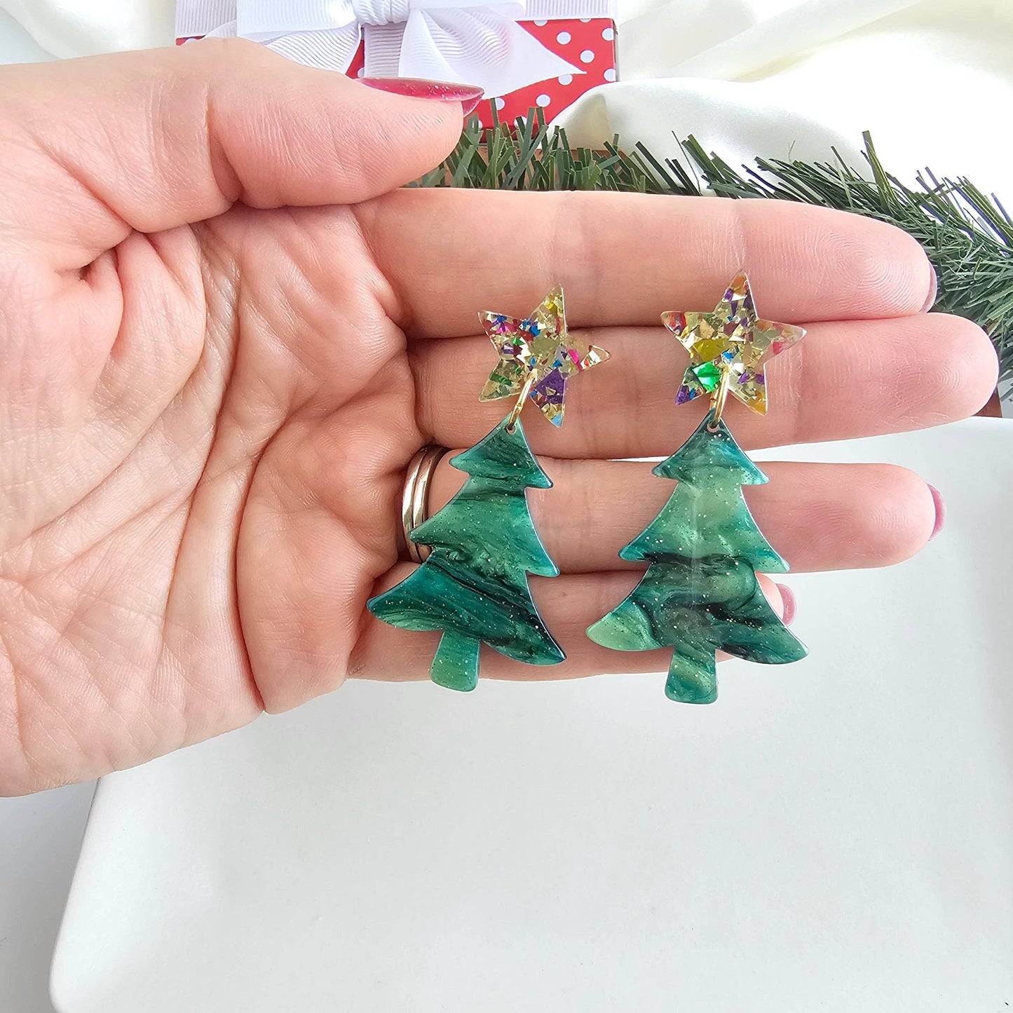 Star Christmas Tree Earrings - Green Shimmer // Holiday, Jewelry