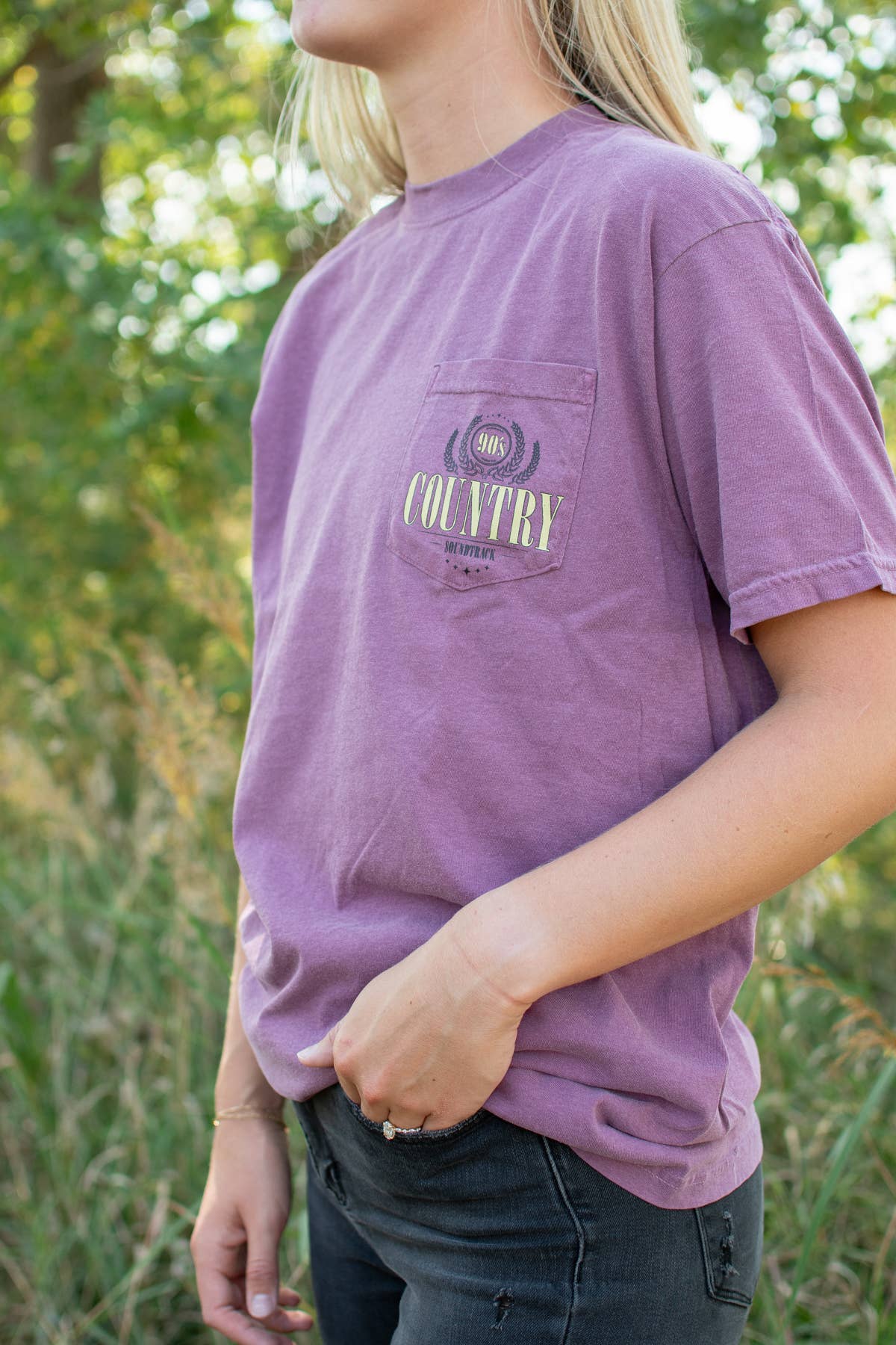 Western 90's Country Soundtrack Dark Mauve Pocket Tee