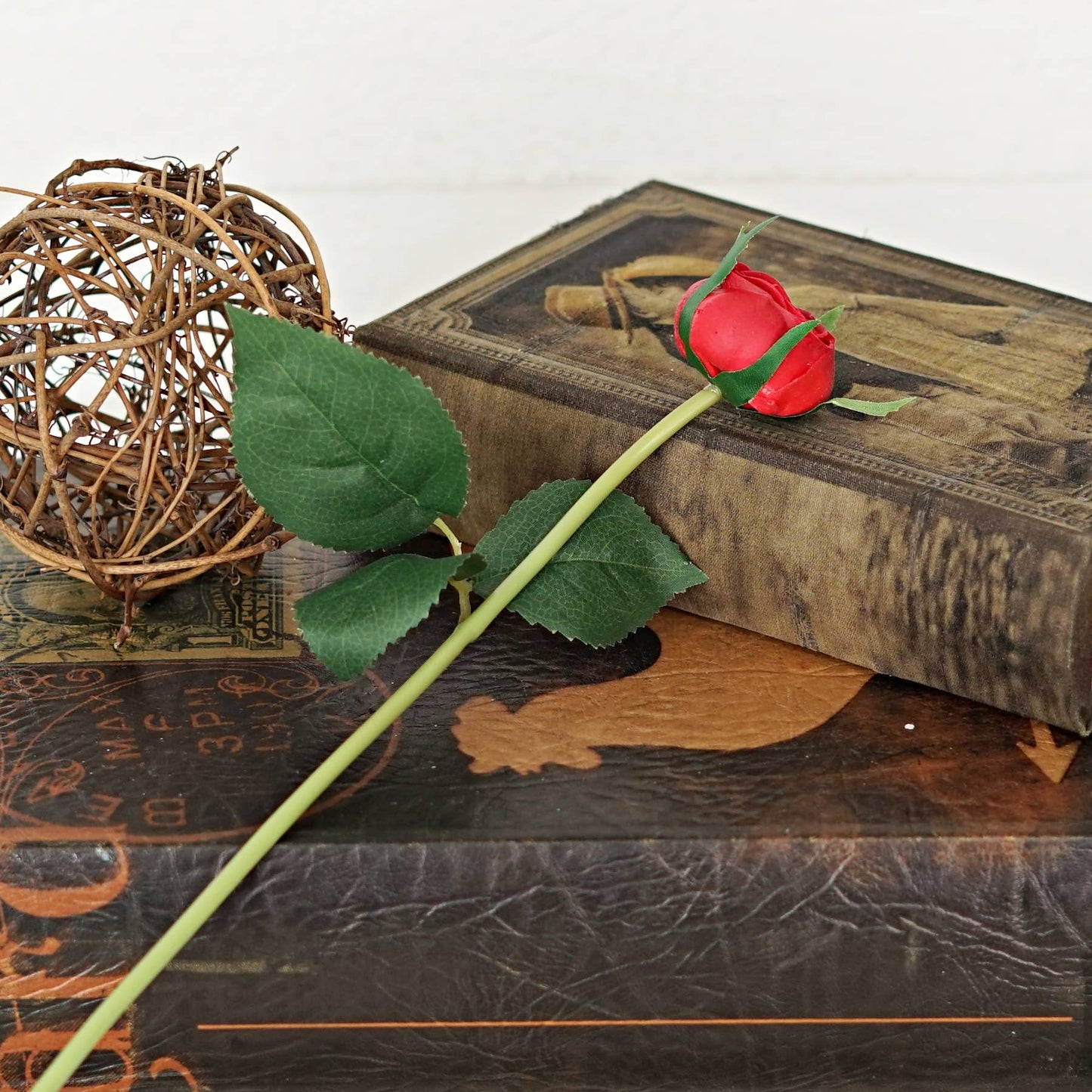 13inL real touch Cabbage Rose Stem-Red