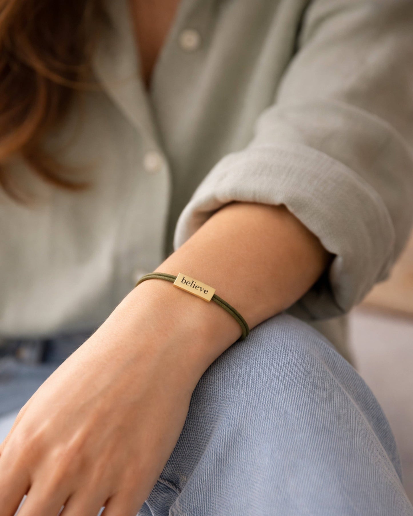 Sentiment Bracelet – Believe | Olive Green Cord