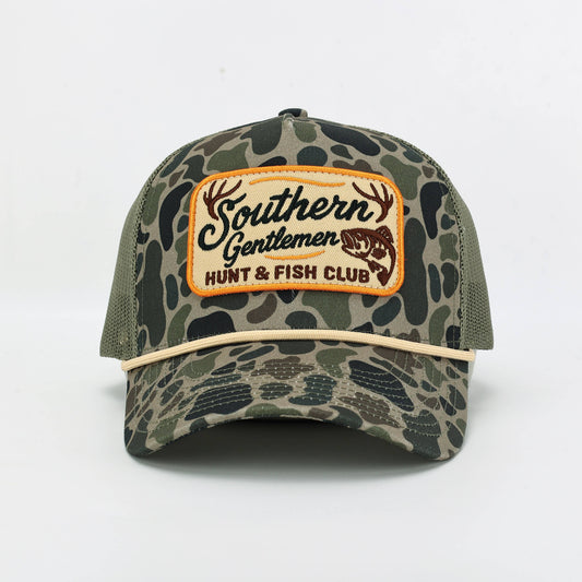 Southern Gentlemen Hunt & Fish Club Trucker Hat – Camo/Olive