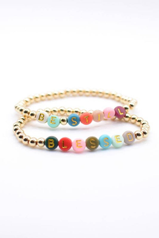 Gold Bead Word Bracelets – Blessed & Be Still, Faith jewelry